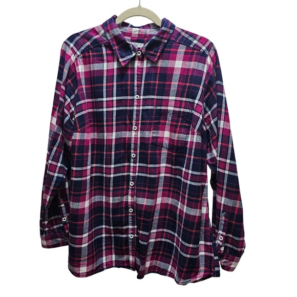 croft & barrow Tops - Croft & Barrow Womens Magenta Pink Navy Blue Plaid Flannel Button Down Shirt 1X
